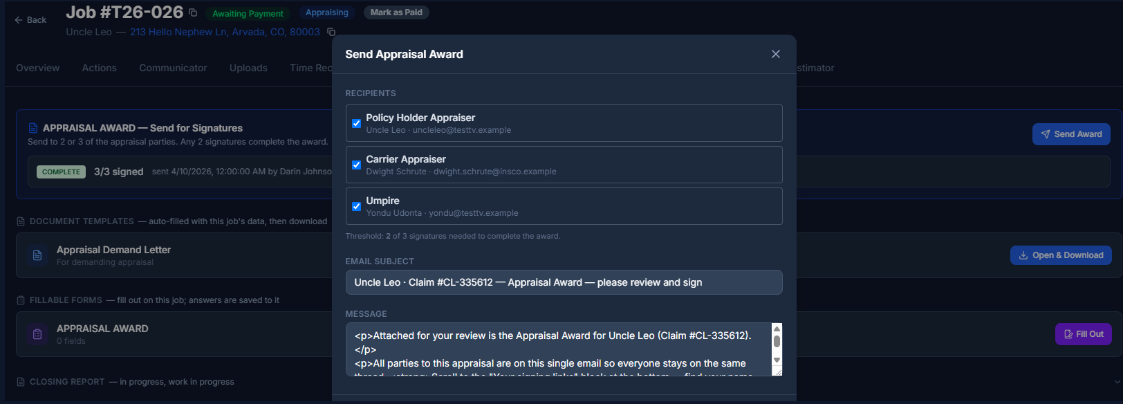 Appraisers CRM — Send Appraisal Award modal on a job in Awaiting Payment, with Policy Holder, Carrier, and Umpire recipients selected