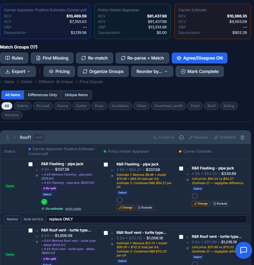 Estimate Evaluator — side-by-side line item review with missing / delta flags