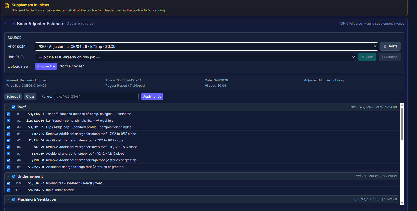Supplementer CRM — scan an adjuster estimate, AI-parse it, build the supplement invoice from the delta